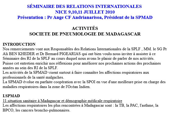 Les formations en Pneumologie SPMAD. Ange ANDRIANARISOA